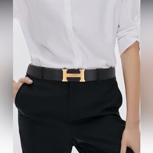 Black leather “H” Belt with Gold Buckle size up to 40 waist